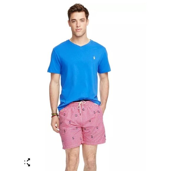 Polo Ralph Lauren Mens Swim Shorts Red Gingham Anchor Print Traveler Size XXL - Picture 1 of 15